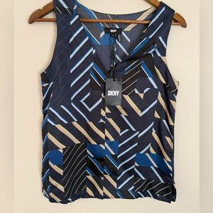 DKNY dressy tank top navy blue tan striped patchwork SZ XS